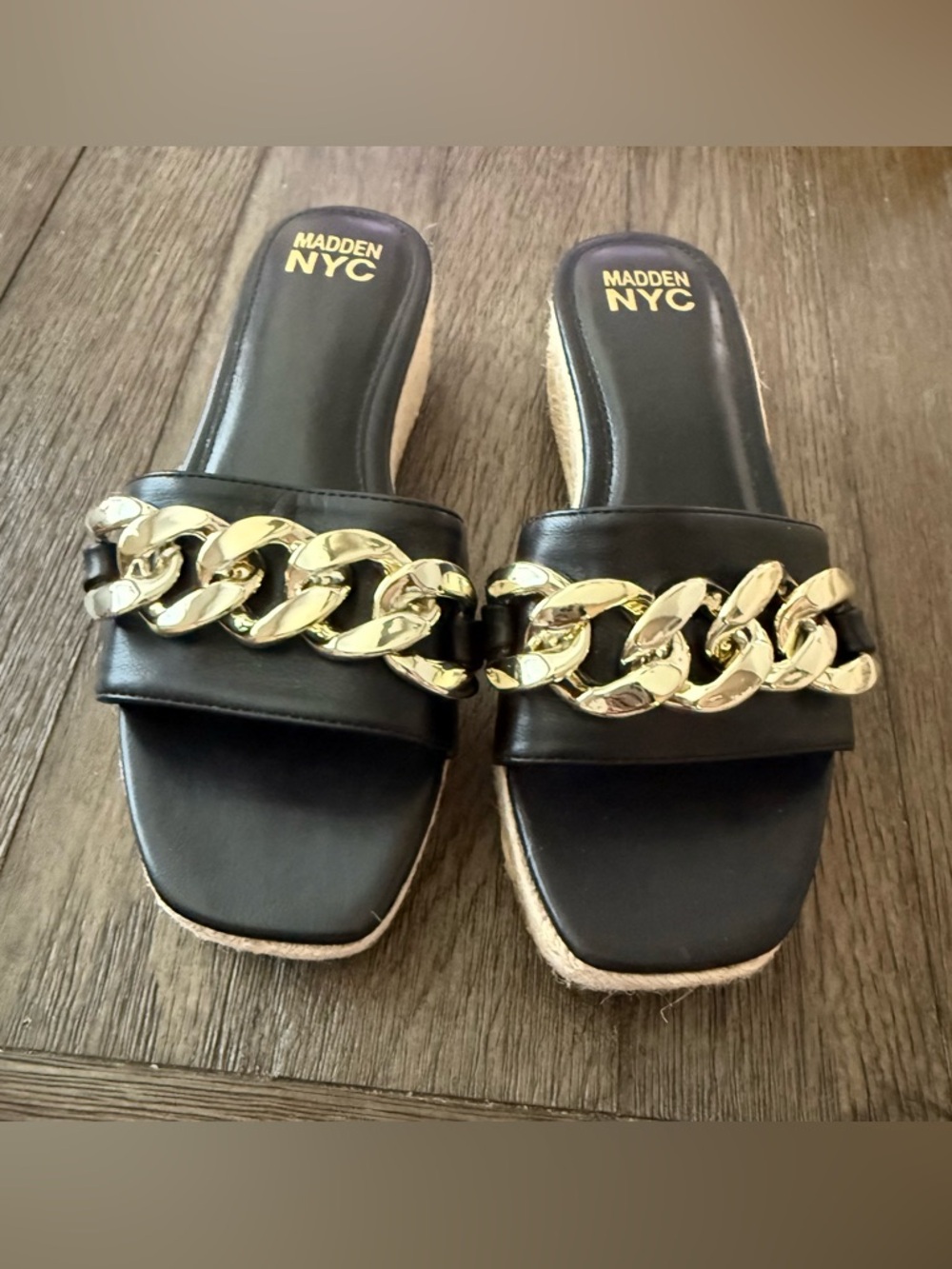Madden NYC Black Slide Mules with Gold Chain Detail